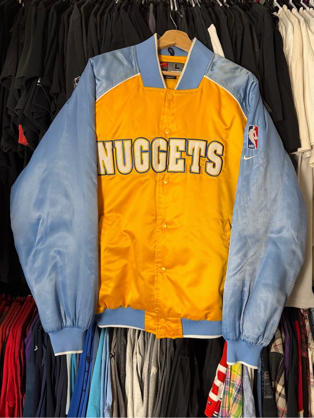 Nike Denver Nuggets Bomber Jacket Mens Large Yellow Blue Vintage 00s Button Snap